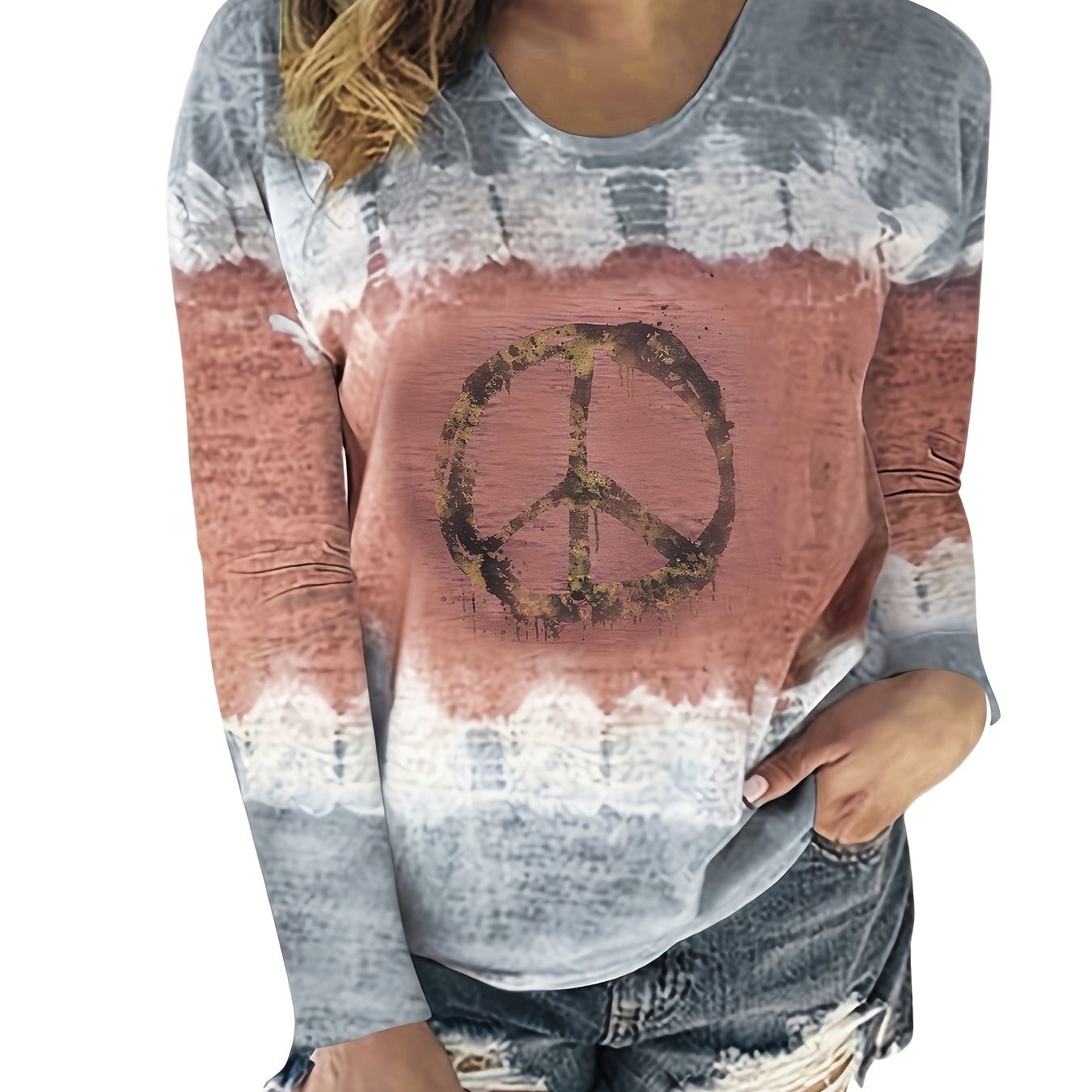 Peace Symbol Print T-shirt, Casual Crew Neck Long Sleeve T-shirt For Spring & Fall, Women's Clothing