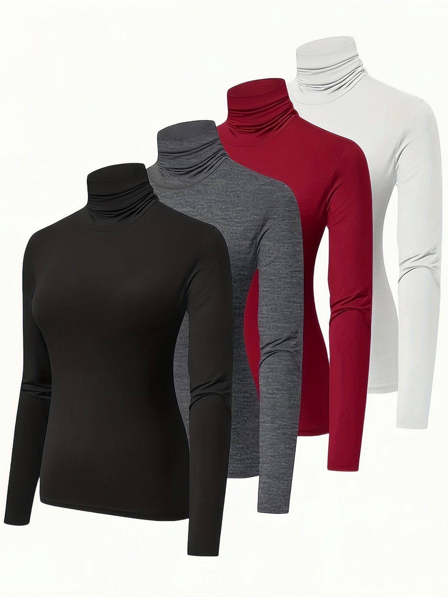 Solid 4 Packs T-shirt, Casual Long Sleeve Turtleneck T-shirt For Spring & Fall, Women's Clothing